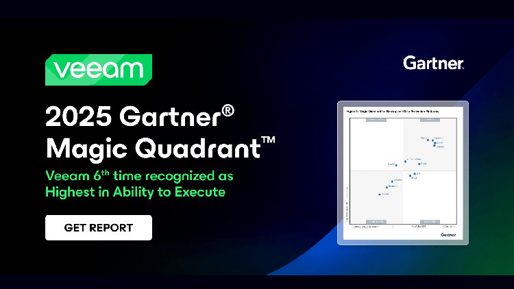 Veeam 連續第九年被評為 Gartner 備份與資料保護平台魔力象限領導者，且在「執行能力」指標連續六年獲得最高評分
